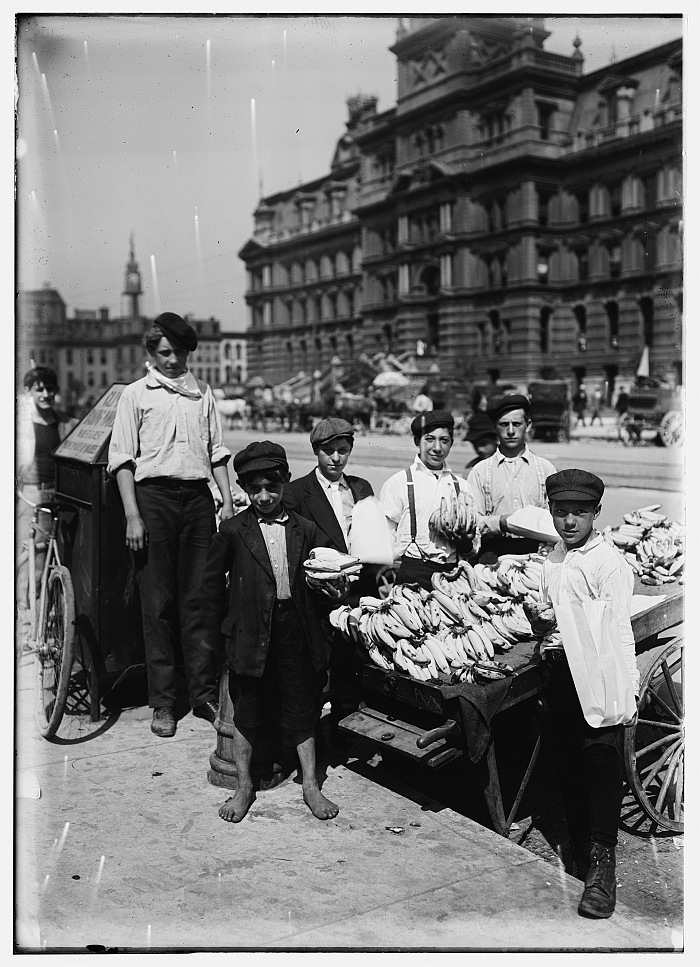Lewis Wiches Hine, Indianapolis fruit venders, Italian boys, Indianapolis, Indiana, August 1908. Photographic print. National Child Labor Committee Collection, Prints & Photographs Division, The Library of Congress, Washington, DC
