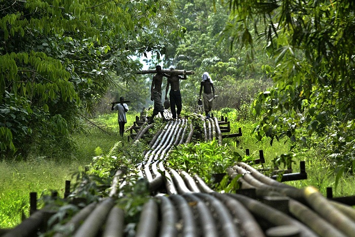 George osodi , Pipeline, 2006, dalla serie Oil Rich Niger Delta. Stampa digitale , 79x119 cm.  George Osodi