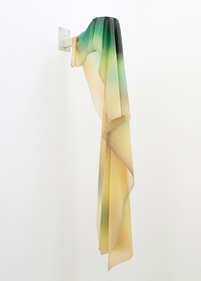 Anouk Kruithof, Concealed Matter(s) 05, wall-sculpture, 2016. Surveillance camera bracket arm, flatbed print on latex, 16x43x120 cm.  Anouk Kruithof