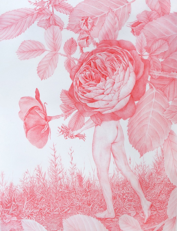 Zachari Logan, Naked In the Roses, 2018. Red pencil on mylar, 30,5x22,9 cm.  Zachari Logan