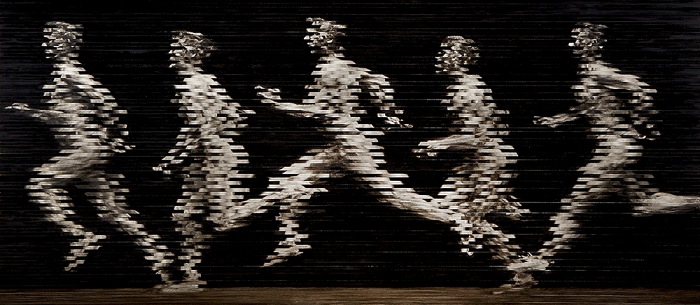 Stephane Graff, Running man, 2017.  Olio su tavola, 101x229 cm.  Stephane Graff