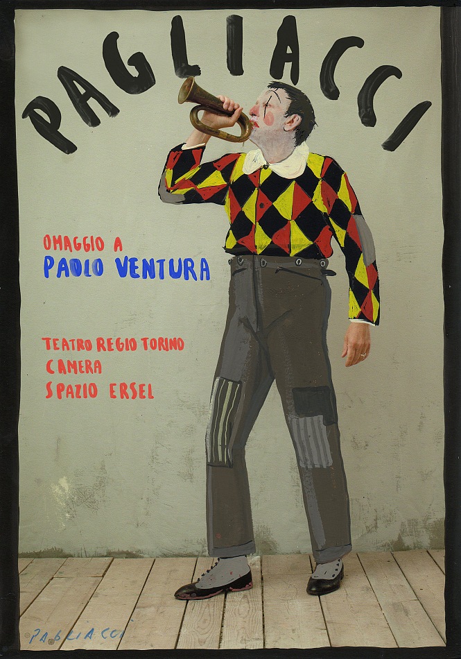 La locandina dell'esposizione Paolo Ventura. I Pagliacci, allestita a Torino presso gli spazi del Teatro Regio e di CAMERA  Centro Italiano per la Fotografia. Foto:  Paolo Ventura