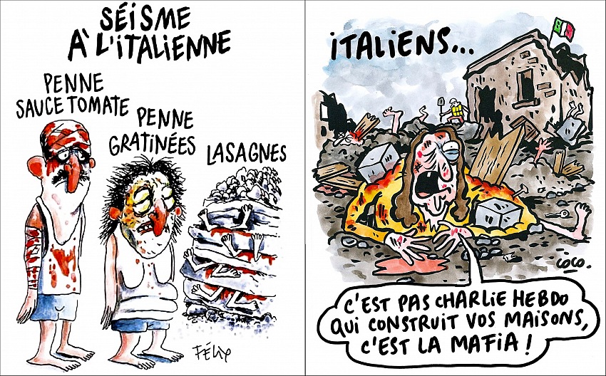Le vignette di Charlie Hebdo sul terremoto in Centro Italia del 24 agosto 2016.