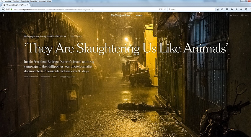 L'apertura scelta dal The New York Times per versione online del reportage They Are Slaughtering Us Like Animals di Daniel Berehulak