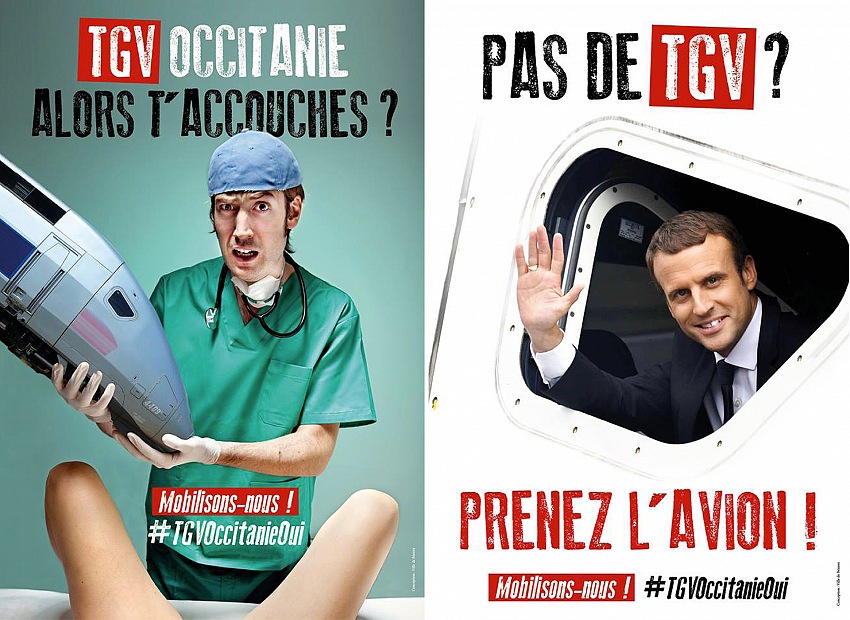 I manifesti della campagna voluta dal sindaco di Beziers. A sinistra: TGV Occitania, allora partorisci? Mobilitiamoci. A destra: Non c' il TGV? Prendete l'aereo? Mobilitiamoci.