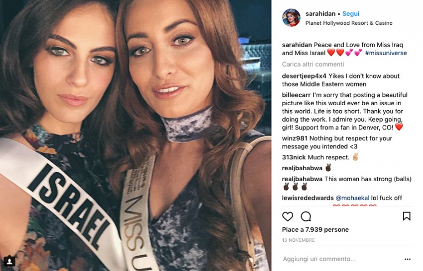 Adar Gandelsman, Miss Israele 2017 e Sarah Idan, Miss Iraq 2017, nell'immagine pubblicata sull'account di Sarah Idan. Fonte: www.instagram.com/sarahidan.