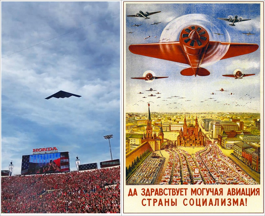 A sinistra, Una schermata dal video pubblicato il 2 gennaio 2018 sulla pagina Facebook della ESPN. A destra, un manifesto di propaganda sovietica degli anni 30, la scritta recita Lunga vita alla potente aviazione del paese del socialismo (trad. Andrey Semenov).