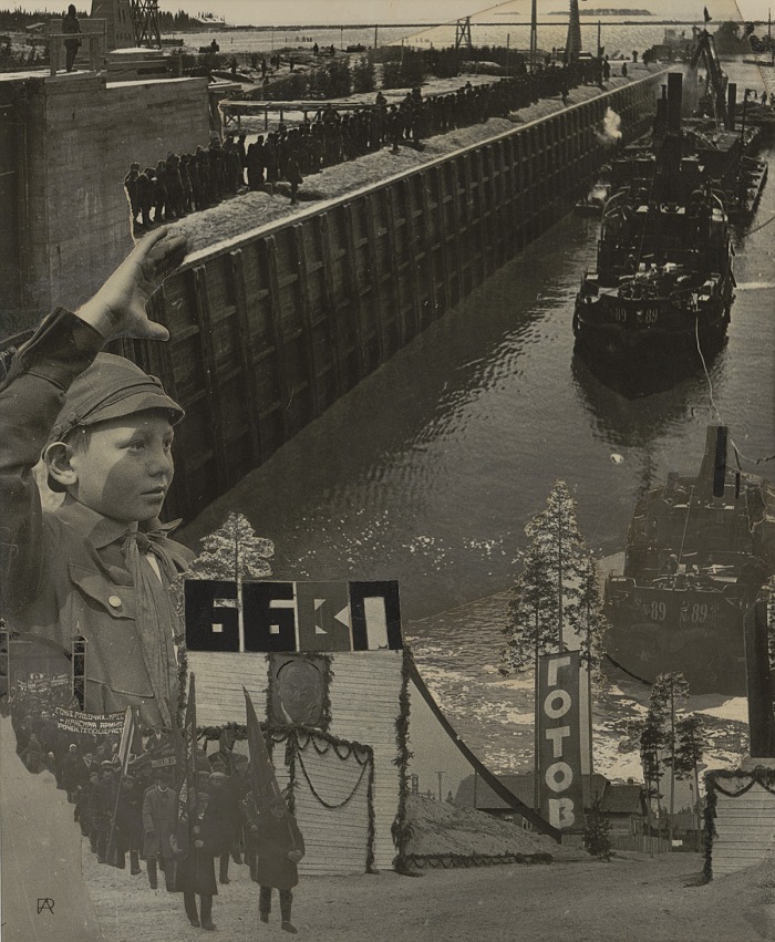 Alexander Rodchenko, Il canale BBVP  pronto. Fotomontaggio per la rivista URSS in costruzione, dedicato alla costruzione del canale che collega il Mare Bianco con il Mare Baltico, 1933. Stampa alla gelatina dargento dal negativo originale dellartista, Collection of the Multimedia Art Museum, Moscow.  A. Rodchenko  V. Stepanova Archive/ Multimedia Art Museum, Moscow