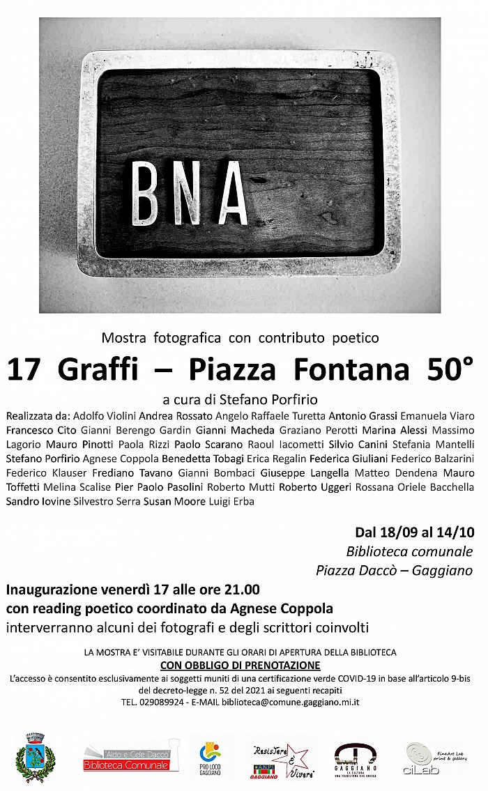 La locandina della mostra 17 Graffi – Piazza Fonata 50° in mostra presso la Biblioteca Comunale di Gaggiano dal 18 settembre al 14 ottobre 2021.