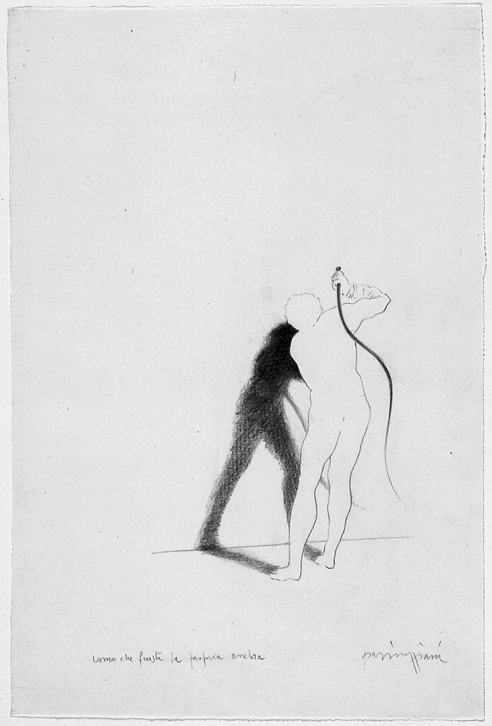 Claudio Parmiggiani (1943), Uomo che frusta la propria ombra, 1983. Matita su carta, 40,5x27 cm. Courtesy Galleria civica di Modena