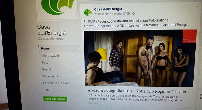 La schermata ricevuta dalla redazione di FPmag con ben visibile una fotografia tratta dal progetto Followers di Marco Onofri in un post del 25 novembre 2016 pubblicato sulla pagina Facebook di Casa dell'Energia.