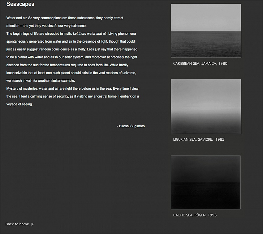 Una schermata tratta dal sito di Hiroshi Sugimoto con il testo esplicativo che illustra i concetti che ispirano il suo lavoro..