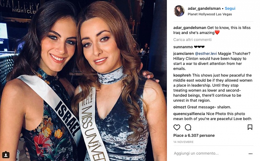 Adar Gandelsman, Miss Israele 2017 e Sarah Idan, Miss Iraq 2017, nell'immagine pubblicata sull'account di Adar Gandelsman. Fonte: www.instagram.com/adar_gandelsman.